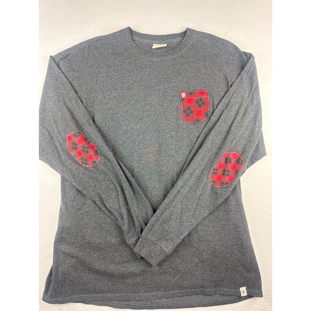 Simply Southern Women's L Gray Long Sleeve Christmas Jeep Plaid Elbow Patch Tee